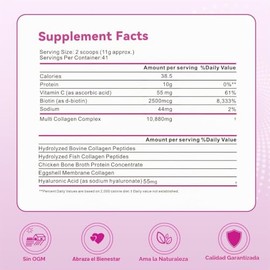 Polvo de péptidos de colágeno múltiple, 16 oz - Suplemento proteico, tipo I, II, III, V, X con ácido hialurónico, vitamina C y biotina, sin sabor, se 