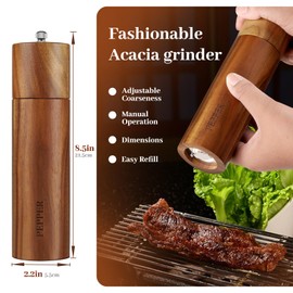 2 Pack Acacia Wood Salt and Pepper Grinder Set with Bases, Refillable Salt and Pepper Mills Adjustable Coarseness, 8 Inches Kitchen Ceramic Core Peppercorn Shaker