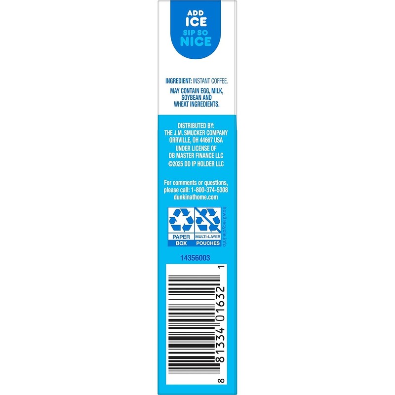 Dunkin’ Cold Iced Coffee, Powdered Instant Coffee Packs, 6 Count