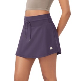 ODODOS Women's Drawstring Tie Daily Skirts Built-in Shorts Athletic Golf Tennis Skorts with Ball Pocket, Dark Purple, Small