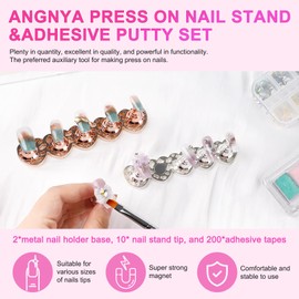 ANGNYA 2 Set Nail Stand for Press Ons, Strong Magnetism Nail Holder for Painting Nails with with 200PCS Nail Sticky Tabs, Nail Display and Practice Stand for Home DIY Beginner Salon Supplies
