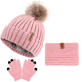 Hicdaw Kids Winter Hats Gloves Scarf Set Warm Knitted Touchscreen Gloves Toddlers Baby Beanie Hat with Fur Poms for Boy Girl, Pink