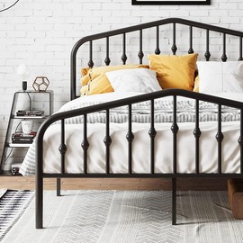 MUTICOR Queen Size Metal Bed Frame with Vintage Headboard and Footboard, Heavy Duty Bed Frame with Large Storage, No Box Spring Needed,Easy Assembly,Black