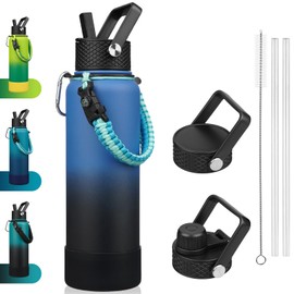 BJPKPK Insulated Water Bottle with Straw Lid, 40oz Large Thermos with 3 Lids, Paracord Handle & Non-slip Boot, BPA Free Leak Proof Stainless Steel Metal Water Bottles, Tumblers, Cups,Blue Black