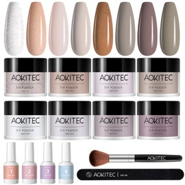Aokitec 14Pcs Dip Powder Nail Kit Starter 8 Colors Collection, Acrylic Dipping Powder Liquid Set with Base Top Coat Activator Brush Saver for French Nails Art Manicure DIY Salon