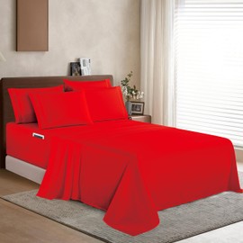 Elegant Comfort 1500 Premium Quality 6-Piece Bed Sheet Set - 18-24 Inch Extra Deep Pocket, Smart Storage Pockets, Wrinkle Free Ultra Soft 6PC Extra Deep Pocket Sheets, California King, Red