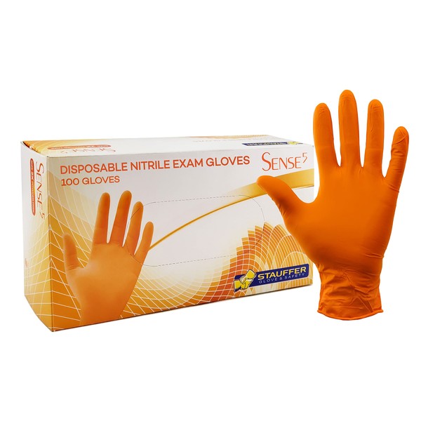 Orange Disposable Nitrile Gloves, 5 mil, Stauffer Sense5, Latex Free,