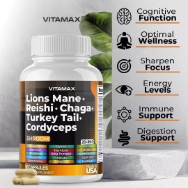 Vitamax Lions Mane Mushroom 3000mg Turkey Tail 2000mg - 60 Ct. (Pack of 1)