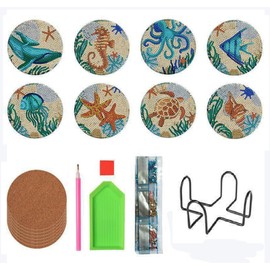 baoxia Diamond Painting Coasters with Holder DIY Marine Sea World Ocean Theme Diamond Painting Art Coasters Kit for Beginners（8pcs）, BX0003