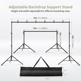 Backdrop Stand 10x7ft(WxH) Photo Studio Adjustable Backdrop Stand Kit Photography Backdrops with 4 Crossbars, 6 Clamps, 4 Spring Clip, 2 Sandbags and Carry Bag for Parties/Wedding/Photography