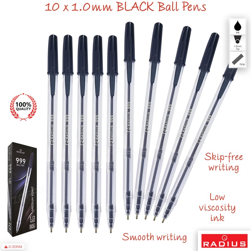 RADIUS 999 Ballpoint Pens, BLACK, Medium Point (1.0mm), Pack of
