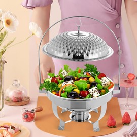 Chafing Dish Buffet Set, Hanging Lid Dining Stove with Lid Round Stainless Steel Chafer Buffet Servers Food Warmer for Catering Party Wedding Banquet (Silver, 6L)