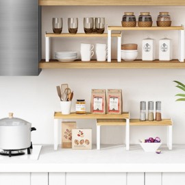 Goozii Kitchen Cabinet Organizer Shelf Set of 4, Large Stackable Pantry Cupboard Countertop Storage and Organizer, Desk Shelf Riser, Spice Plate Cup Expandable Storage Rack (Bamboo White)