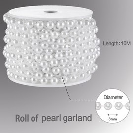 Craft String Pearls 8MM Pearl Bead, 33 Feet White Faux Pearl Garland Spool Roll Strand Wedding Party Decoration