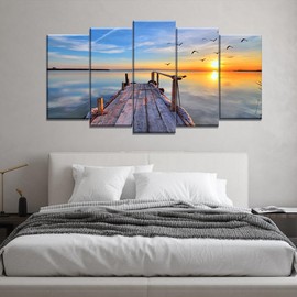5 Pieces Modern Large Canvas Wall Art Sunset Lake Wall Art Birds Flying Over the Pier Nature Ocean Landscape Paintings for Living Room Bathroom Bedroom Home Office Wall Decor