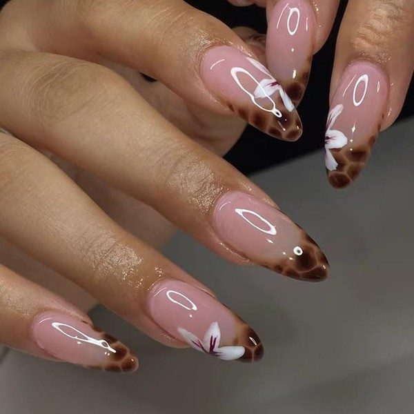 Press On Nails with Nail Glue, 3D Peach Flower Summer