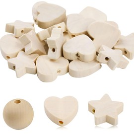 Wooden Heart Beads for Threading 90 Pieces 20 mm Natural Wood Beads Heart Round Star Shape Wooden Beads Set Loose Beads with Hole Unfinished Blank Spacer Beads Wooden Balls for Crafts DIY Jewellery