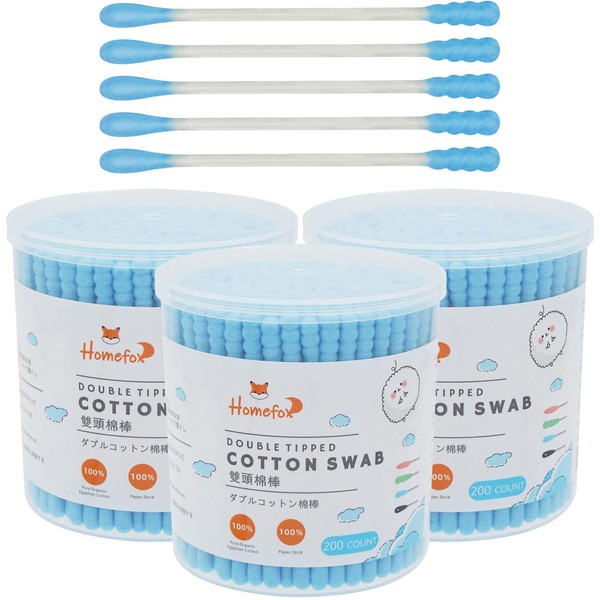HOMEFOX Blue Cotton Swabs Spiral - 600 Count Organic Cotton