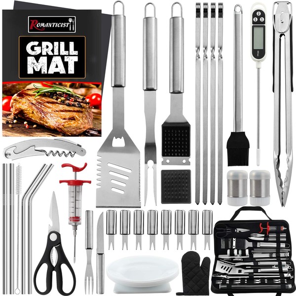 ROMANTICIST Grill Set with Thermometer and Meat Injector, Heavy Duty Grill Utensils, Stainless Steel BBQ Tool Set, Grill Accessories with Storage Bag, Gift for Men on Farther’s Day Christams