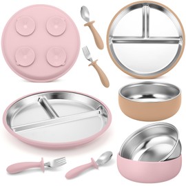 Honeydak 2 Pack Stainless Steel Baby Plates and Bowls with Suction & 2 Pack Spoons and Forks Set, Toddler Utensils Baby Feeding Set, Divided Plates for Kids Led Weaning Supplies(Pink,Matte Tan)