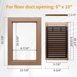 Oak Floor Register for 6x10 Inch Duct Holes - Flush Mount Floor Vent with Metal Damper - Red Wooden Vent Covers for Home Floor - 0.8 Inch Thickness - Unfinished