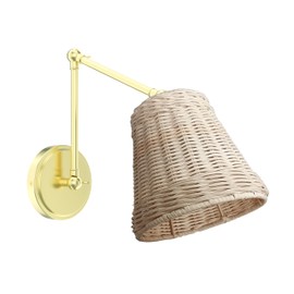Laite Lumens 7" Swing Arm Wall Lamp, Hand Woven Rattan Wall Sconce, Dimmable Wall Mounted Light Fixture for Bedroom Living Room Bedside (Brushed Gold)