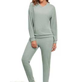 Famulily Tracksuit Womens Full Set V Neck Jumpers and Drawstring Lounge Pants, Leisure Wear Sets Two Piece Travel Outfits Loungewear Nightwear with 4 Pockets (L, Green)