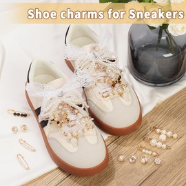 HDGDT Shoe Charms for Sneakers, Charms for Shoelace Junk Socks, Pearl Laces for Sneakers, Shoe Jewelry for Women Socks Shoelaces Clothes, Hats Decoration (Pearl Lace Bow)
