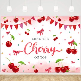 MEHOFOND 7x5ft She's The Cherry on Top Baby Shower Backdrop for Girl Cherry Theme Coquette Bridal Shower Decorations Bow Party Decor Cherry Bride to Be Engagement Party Decor Birthday Photobooth Props