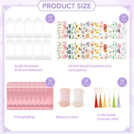 30pcs Acrylic Bookmark Blanks Set with 30 Flowers Theme UV DTF Stickers, 30Pcs 6 Color Tassels, 30 Ribbon, 30 Holographic Bags, Bookmark Making Kits for DIY Crafts, Book Lover Gifts
