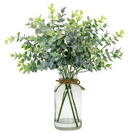 SENCID Fake Eucalyptus Stems in Glass Vase with Faux Water,14" Artificial Plants Eucalyptus Leaves for Home Office, Farmhouse and Wedding Centerpieces（Green）