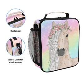Fiambreras de caballo de flores arcoíris para niñas, bolsa de almuerzo aislada con correa para el hombro para la escuela