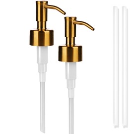 Amoliar Mason Jar Liquid Soap Dispenser Lid, Stainless Steel Replacement Pump, Cute Farmhouse Decor for Dish Soap, Lotion, Hand Soap, Refillable Soap Pump, Golden 2 Pack, Waterproof Label, 2 Long Tube