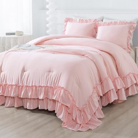 Andency Pink Comforter Set Queen Size, Lightweight Fluffy Farmhouse Pink Ruffle Bedding Set, Soft Microfiber All Season Shabby Chic Bed Comforter Set 3 Pieces(1 Ruffle Comforter 2 Pillowcases)