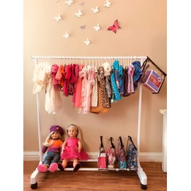 Boottique Child Garment Rack- Kids Closet Organizer- with Childrens Velvet Hangers (White Rack wth American Girl 18" Doll Storage System)