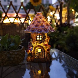 Solar Garden Outdoor Statues，Light up Fairy Mushroom Figurines Courtyard Lawn Decoration, Fairy Outdoor Micro House, Resin DIY Fairy Garden Accessories