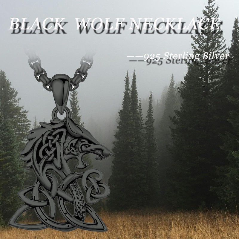 PROESS Celtic Knot Necklace 925 Sterling Silver Black Viking Wolf