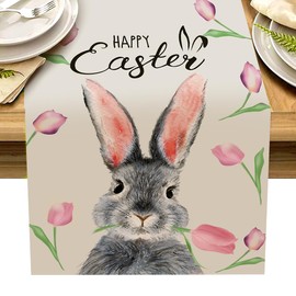 Tulip Rabbit Easter Table Runner, Washable Flowers Seasonal Table Runner, Spring Kitchen Dining Table Decoration, Easter Table Decoration for Indoor and Outdoor Holiday Party Living Room Decor, 33 x