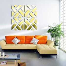 TRIXES 4PC 3D Geometric Mirrored Pattern - Colour Gold - Wall Art Decoration