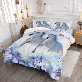 XYNHML Kid Galloping Horse Comforter Set Floral Butterfly Horse Bedding Set for Boys Girls Adult, 1 Comforter + 2 Pillowcases