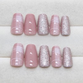 Press on Nails Short Coffin Fake Nails Glitter Glue on Nails Glossy Nails Press ons Pink Acrylic Nails Cute False Nails with Plaid Lines Designs Artificial Stick on Nails for Women 24Pcs