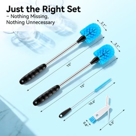 SLUXKE Long Handle Bottle Brush Set with Straw Cleaner Brush and 3 in 1 Cup Lid Cleaning Brush, Water Bottle Cleaner with Stainless Steel Handle for Cleaning Cup, Water Bottles, Tumblers, Baby Bottles