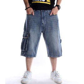 Men's Loose Hip Hop Cropped Jeans Denim Shorts with Cargo Pockets,Blue Multiple Pockets 101-1, 36