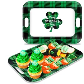 gisgfim 2Pcs St. Patrick's Day Serving Trays with Handle 16 x 11 Inch Large Melamine Rectangular Buffalo Plaid Serving Platter Tray Lucky Shamrock Melamine Dishes for Serving Food Outdoor Party