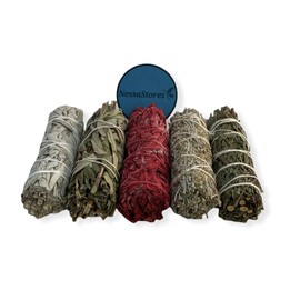 NESSASTORES - 5 pcs Smudge Sampler Kit of White Sage, Black Sage, White Sage Dragon's Blood, Blue Sage, Cedar 4" Bundles #JC-209 (4 Kits)