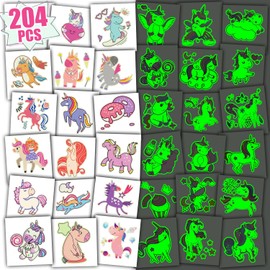 Leesgel Pack of 204 Unicorn Tattoos for Girls, Luminous Tattoos Stickers, Children's Set, Unicorn Birthday Decoration, Girls Unicorn Gifts for Party Bags, Children's Birthday Party Gadgets
