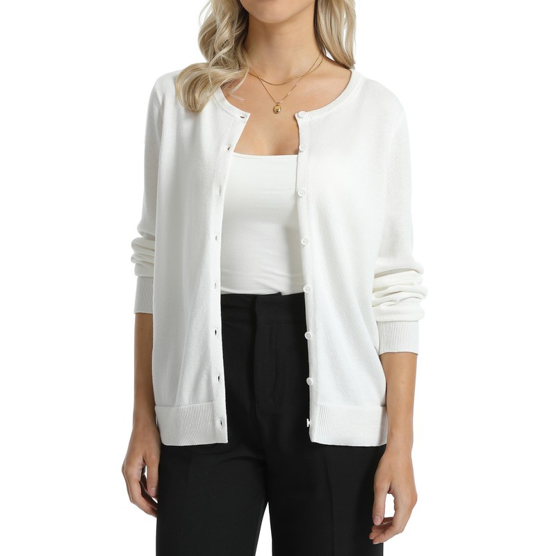 QUALFORT Women's Crewneck Cardigan Sweater 100% Cotton Relaxed Fit Lightweight