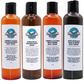 4-Piece Handmade Body Wash 8 oz - Glowing Skin Soap, Turmeric Kojic, Turmeric & Honey, African Black Soap, Activated Charcoal, Skin Care, Clear Skin, Handmade Soap, Turmeric Skincare, Turmeric Soap, Black Soap, Honey Soap