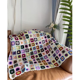 RISEON Handmade Granny Square Crochet Throw Blanket Sweater Style Mat, crochet quilt, multicolor Boho Travel Accent Decor Throw for Sofa Comforter Couch Bed Recliner Living Room Bedroom 47" x47"