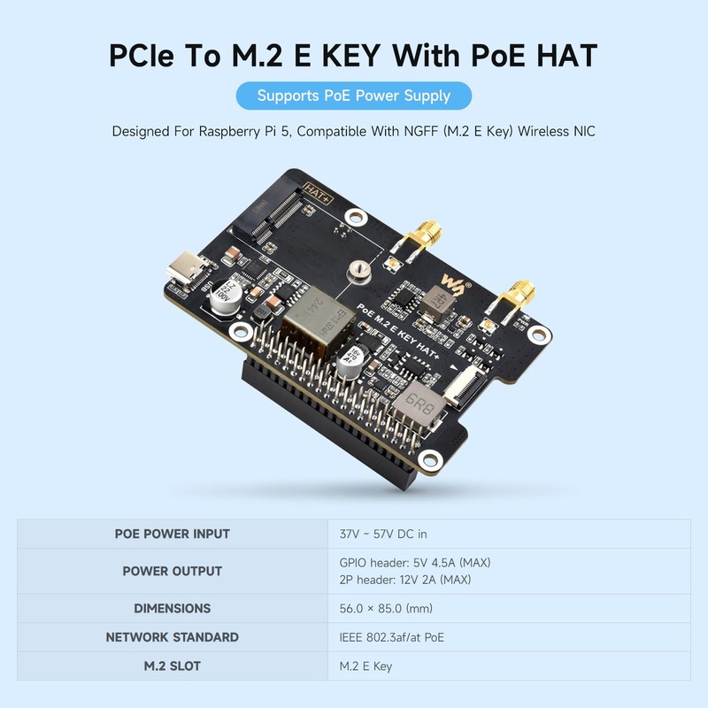 Waveshare PCIe to M.2 E Key Adapter with PoE Function,